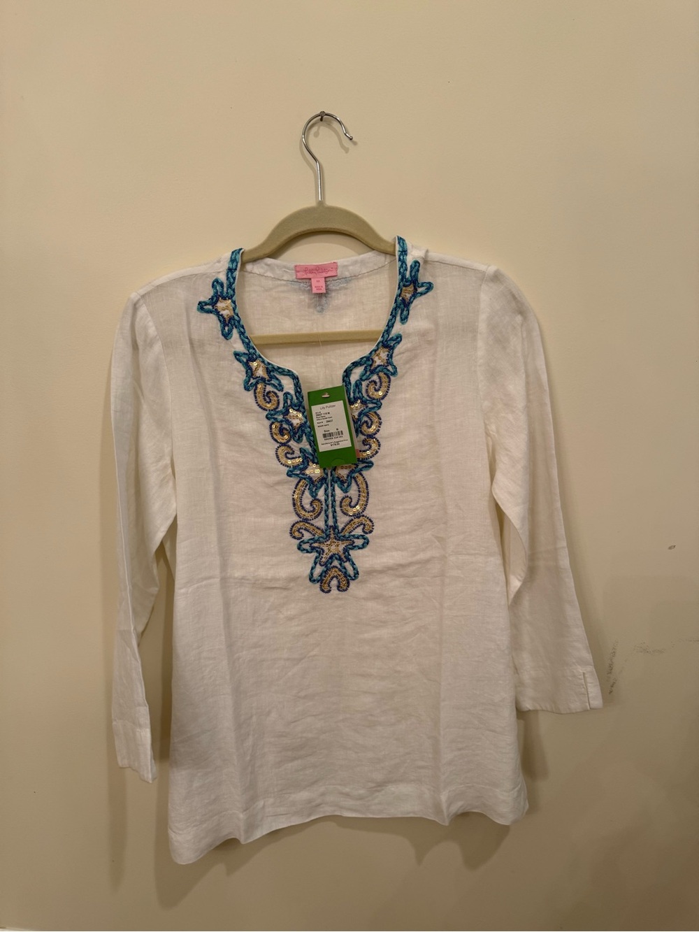 Lilly Pulitzer Beaded Embroidered White Tunic Top with Blue Accents